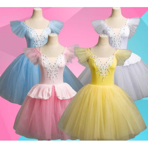 Children Toddlers White blue yellow pink long ballet dress tutus  ballerina stage performance costumes cuckoo suspender dress Toddler little swan dance outfits for girls